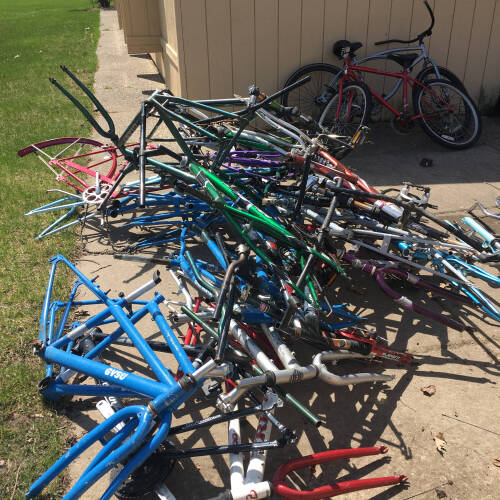 dozens of bike frames heaped into a pile, waiting to be picked up for recycling.